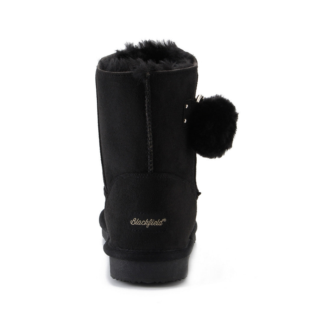 Bottine fourrée Melville noire vue de dos, signature Blackfield claire au talon