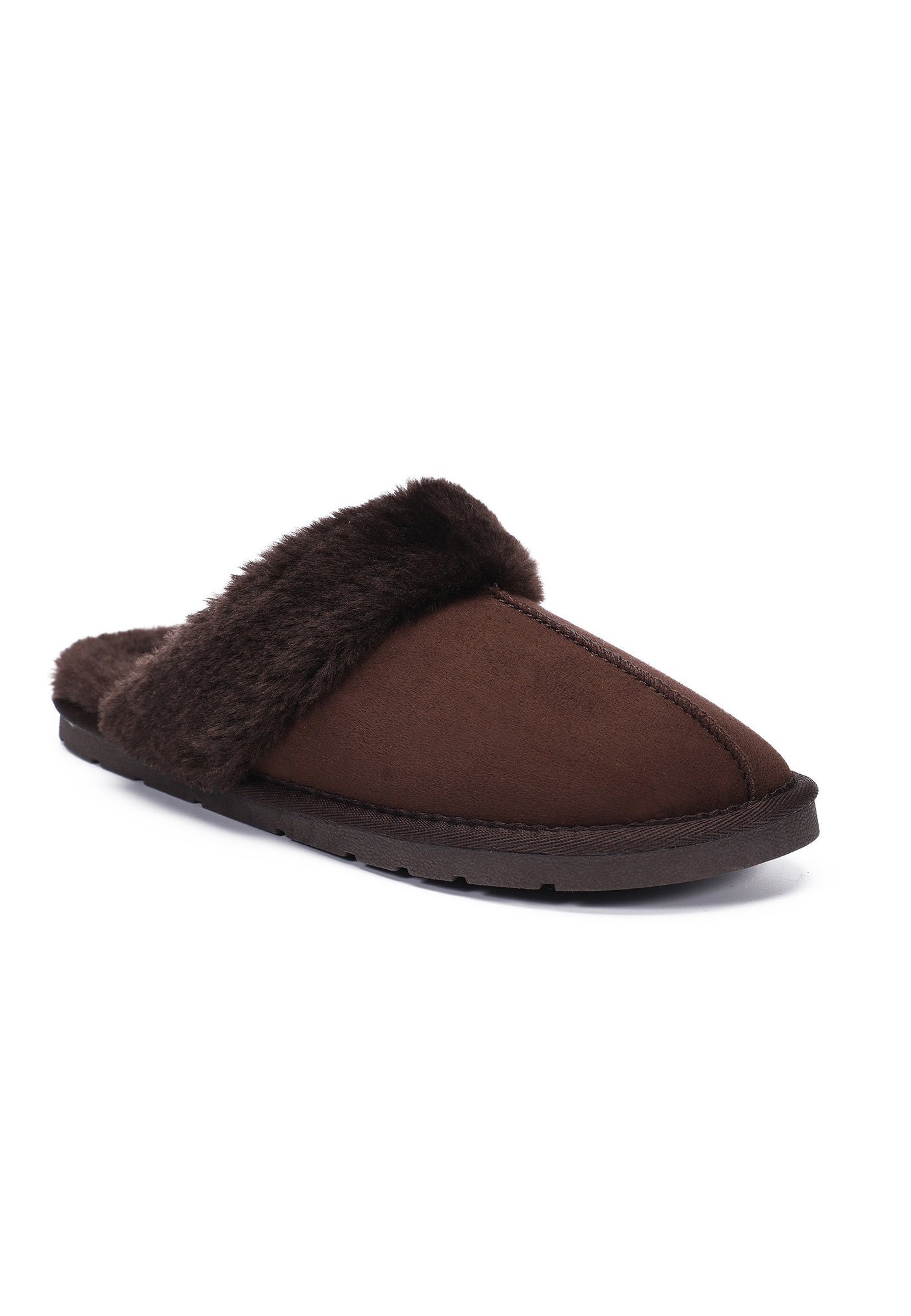 Autre côté du chausson fourré Emanuel marron, couture centrale sur le dessus