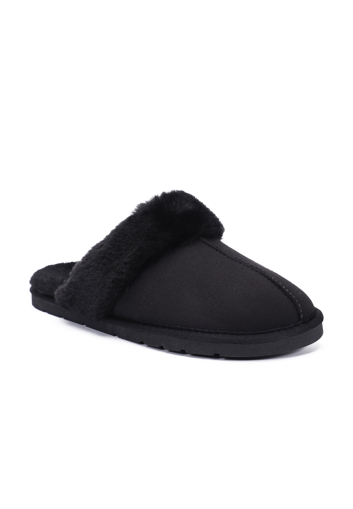 Autre côté du chausson fourré Emanuel noir, couture centrale du bout au col