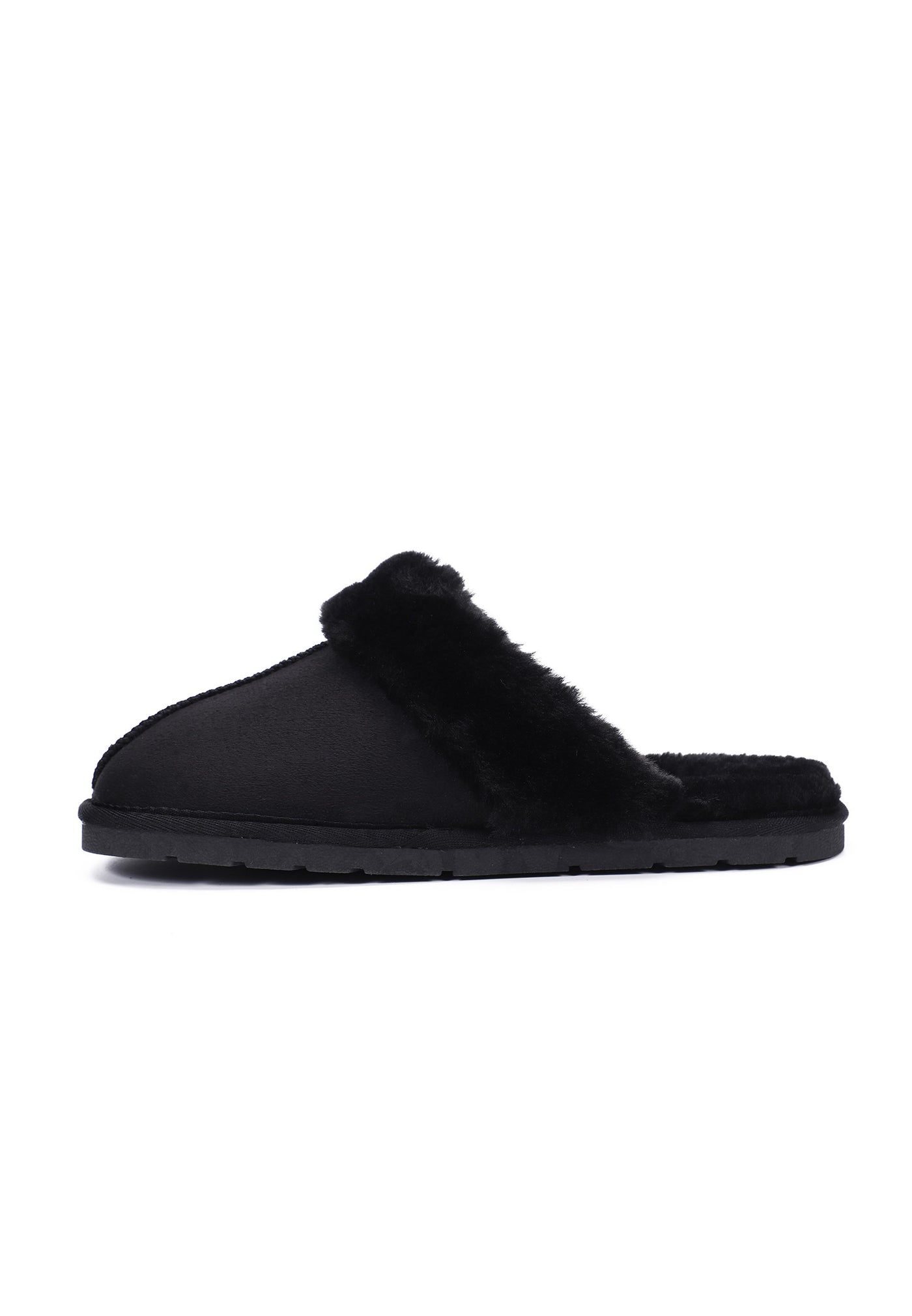 Chausson fourré Emanuel noir de face, bout arrondi et semelle plate crantée