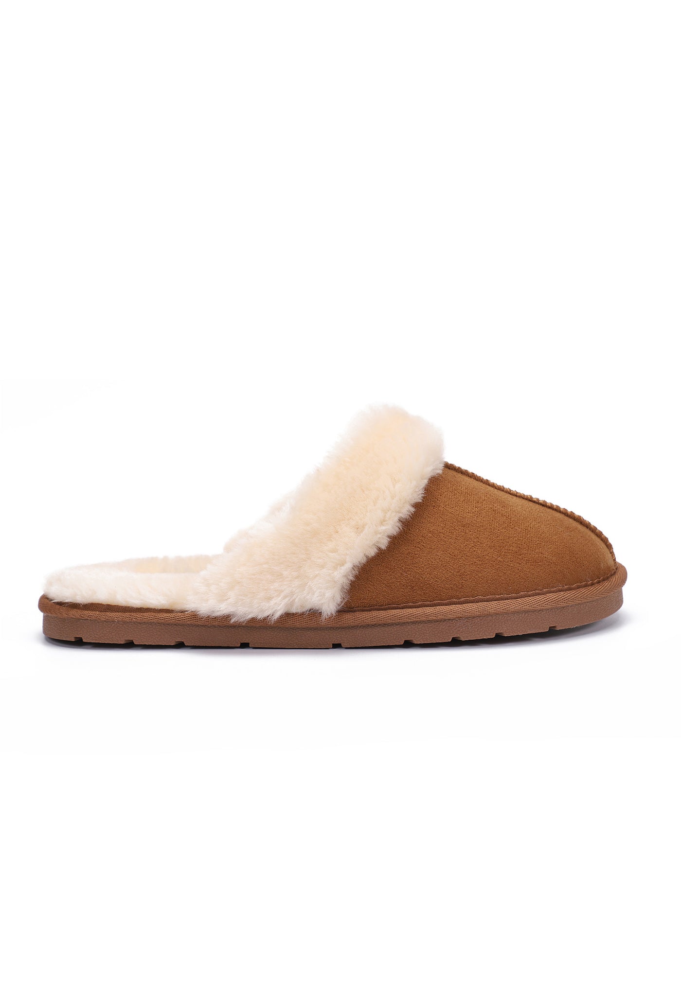 Chausson fourré Sleepers Emilija camel de profil, semelle fine et col de fausse fourrure