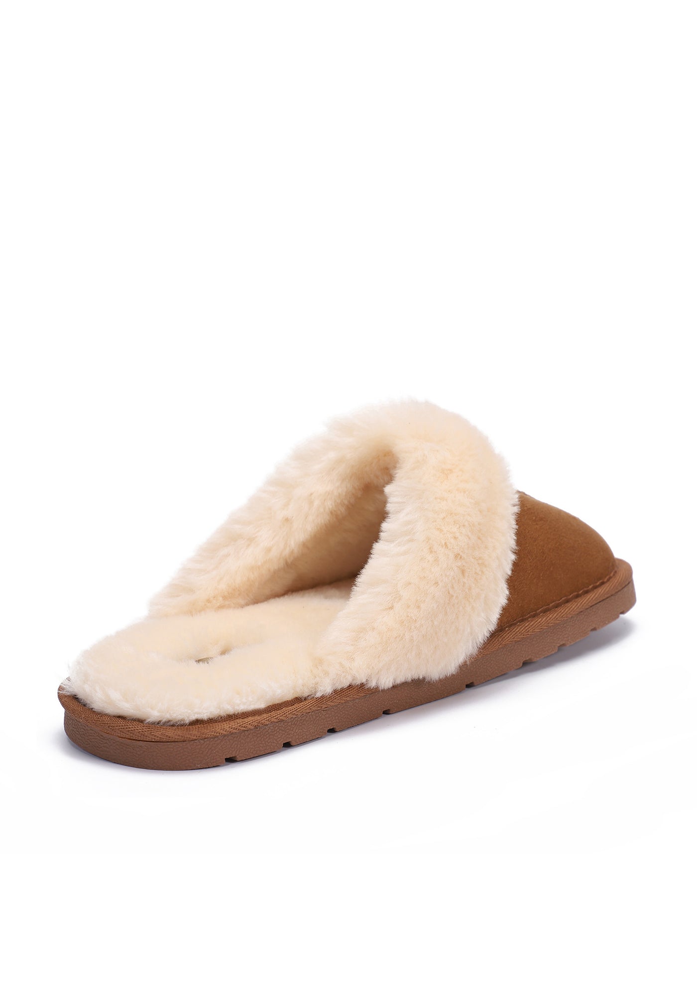 Talon ouvert du chausson fourré Sleepers Emilija camel, doublure crème vue de près