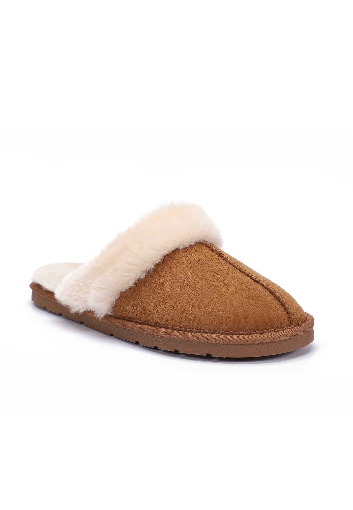 Trois-quarts avant du chausson fourré Sleepers Emilija camel, couture centrale sur le dessus