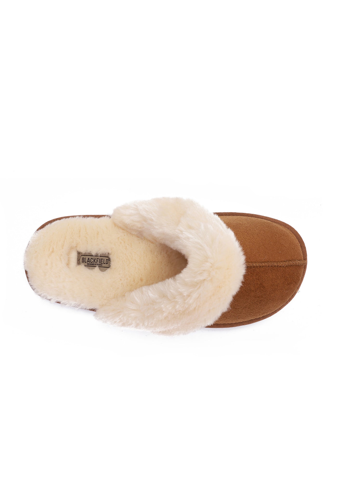 Vue de dessus du chausson fourré Sleepers Emilija camel, étiquette Blackfield sur la première