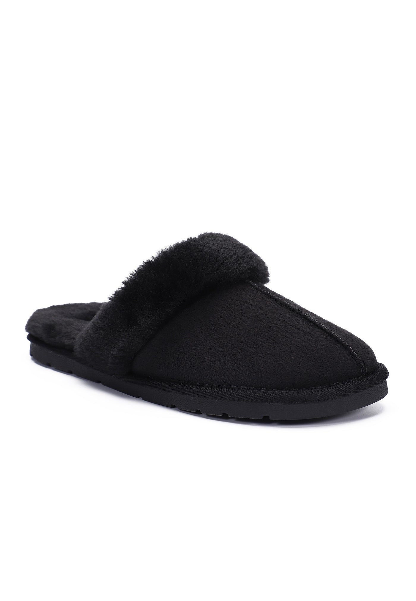 Trois-quarts avant, chausson fourré Sleepers Emilija noir et sa bande de fausse fourrure