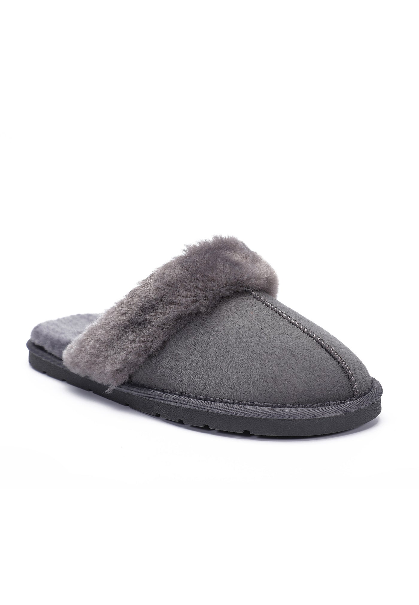 Trois-quarts, chausson fourré Sleepers Emilija gris foncé et sa bande de fausse fourrure