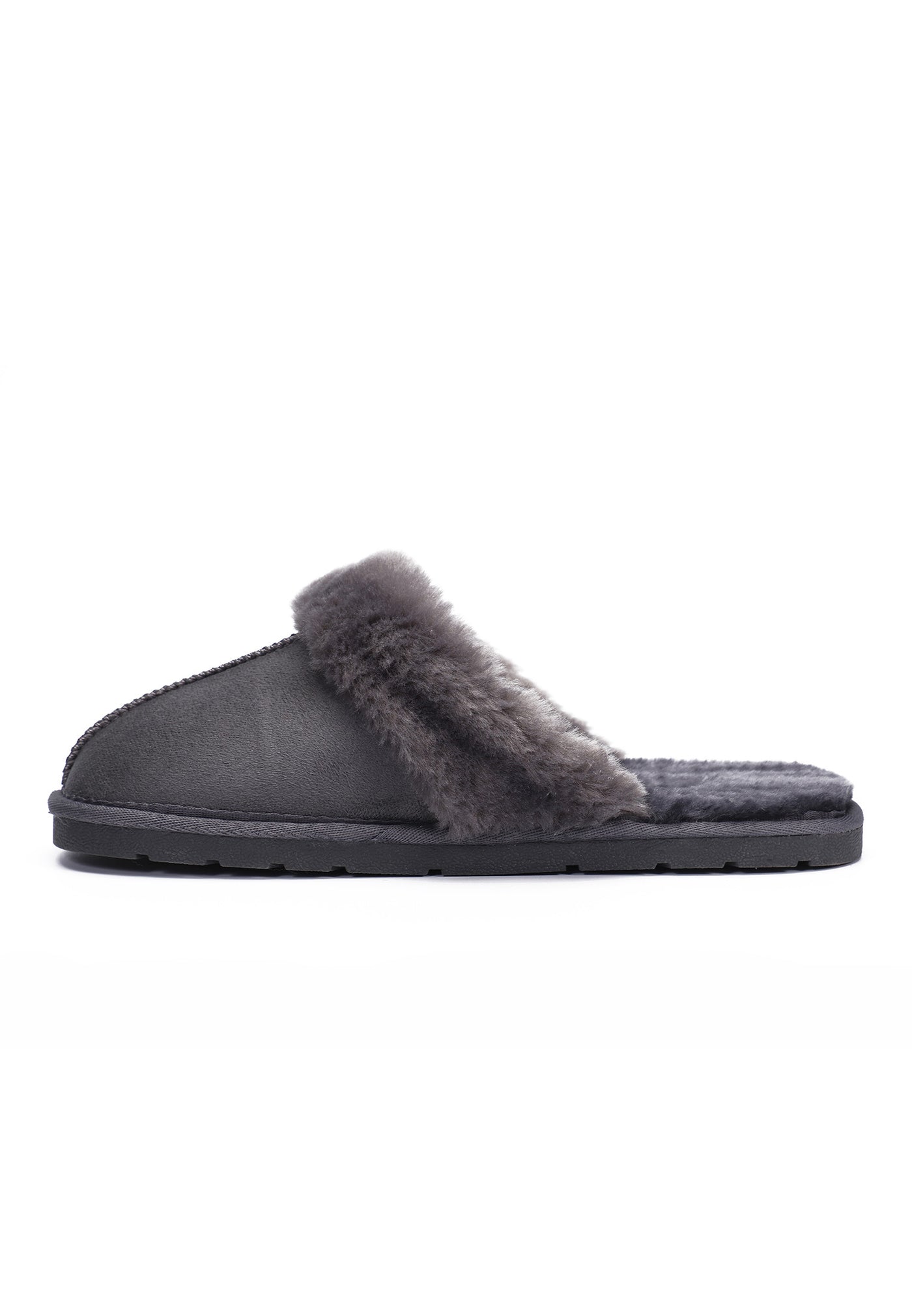 Le chausson fourré Sleepers Emilija gris foncé de profil, dessus microfibre anthracite