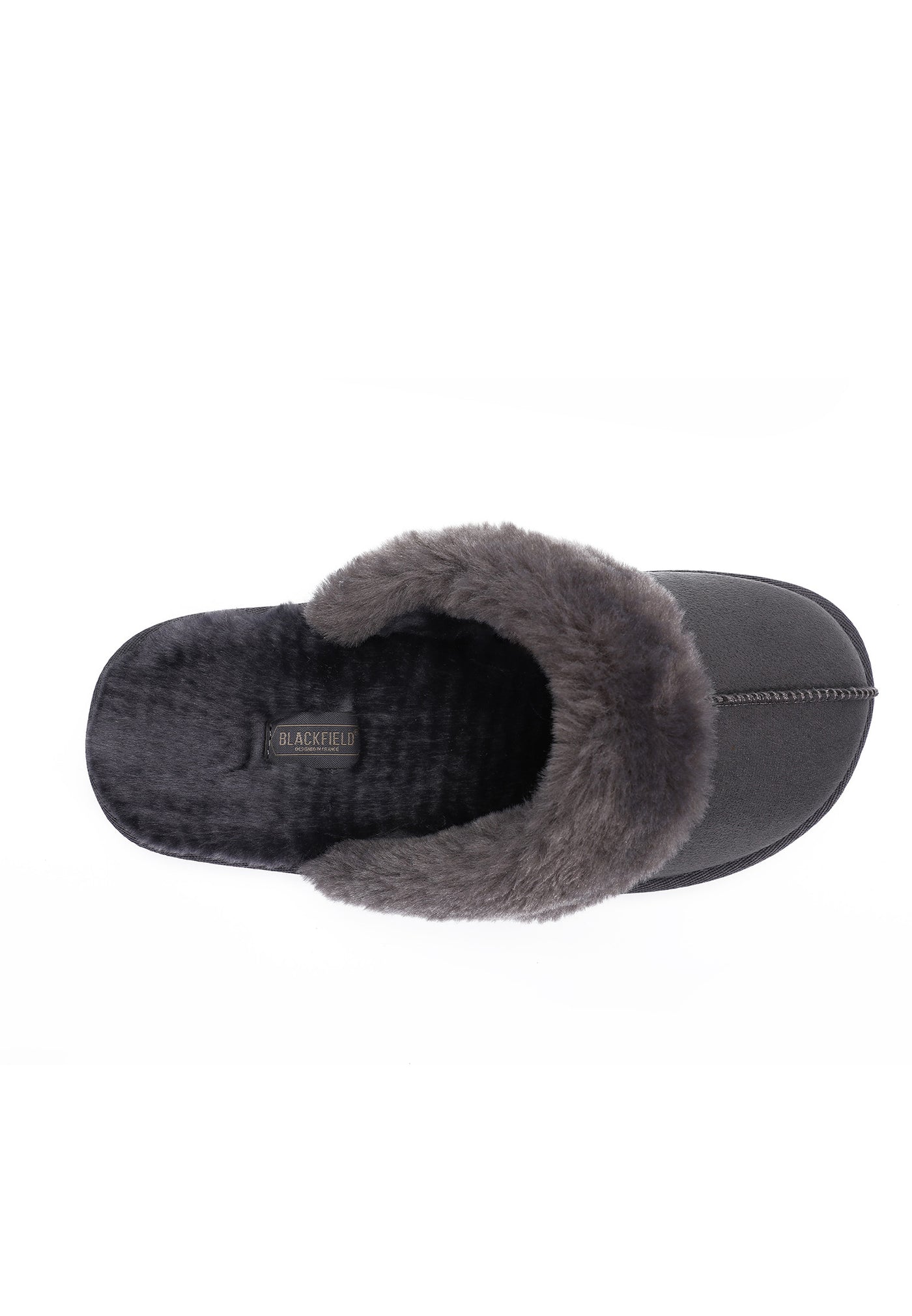 Intérieur du chausson fourré Sleepers Emilija gris foncé vu de dessus, étiquette Blackfield