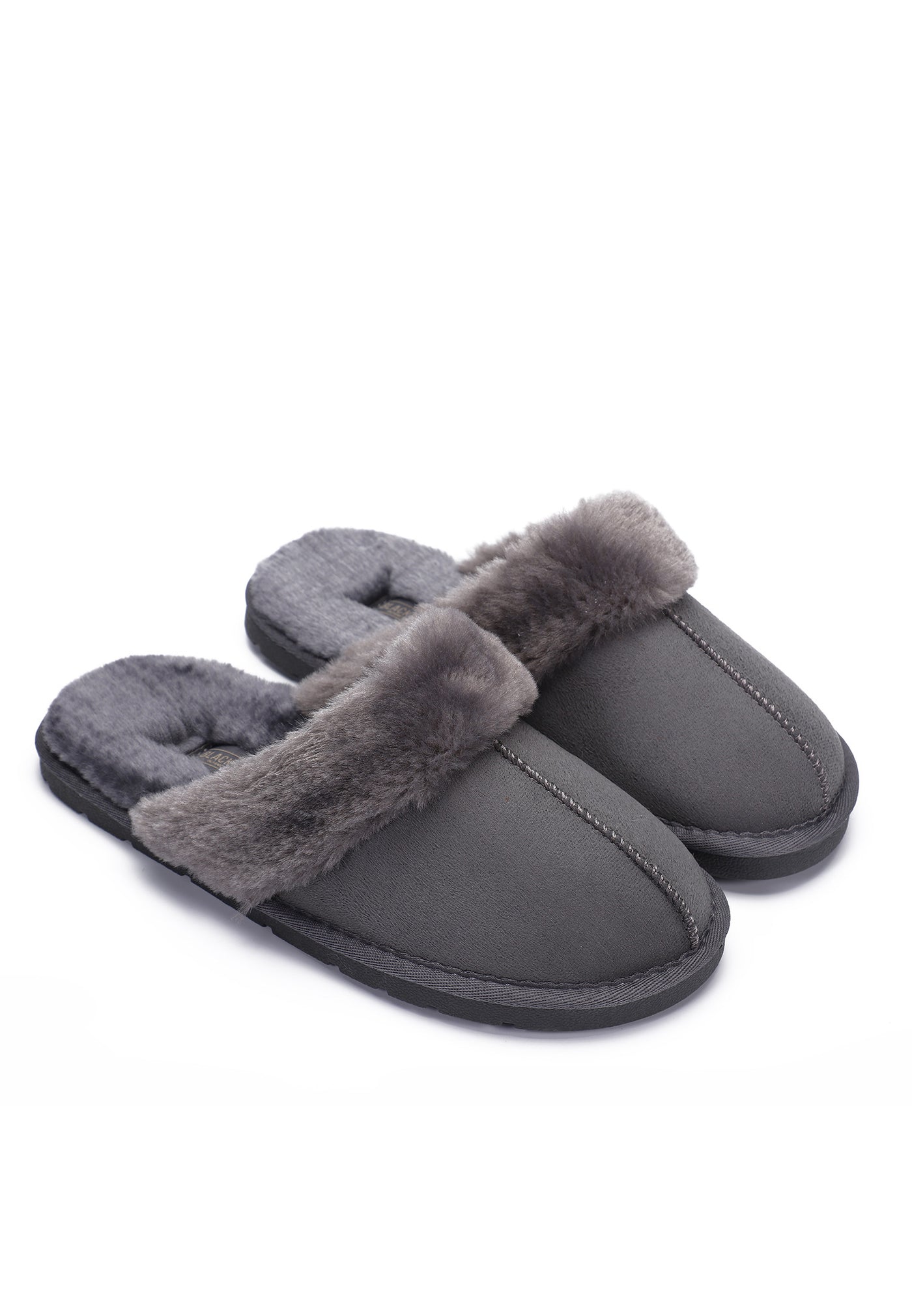 Deux chaussons fourrés Sleepers Emilija gris foncé de trois-quarts, cols de fausse fourrure