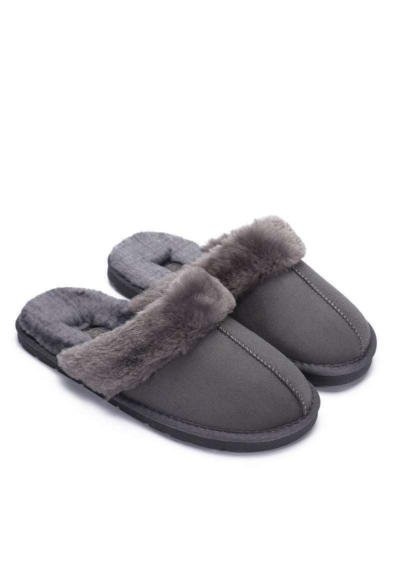Deux chaussons fourrés Sleepers Emilija gris foncé de trois-quarts, cols de fausse fourrure