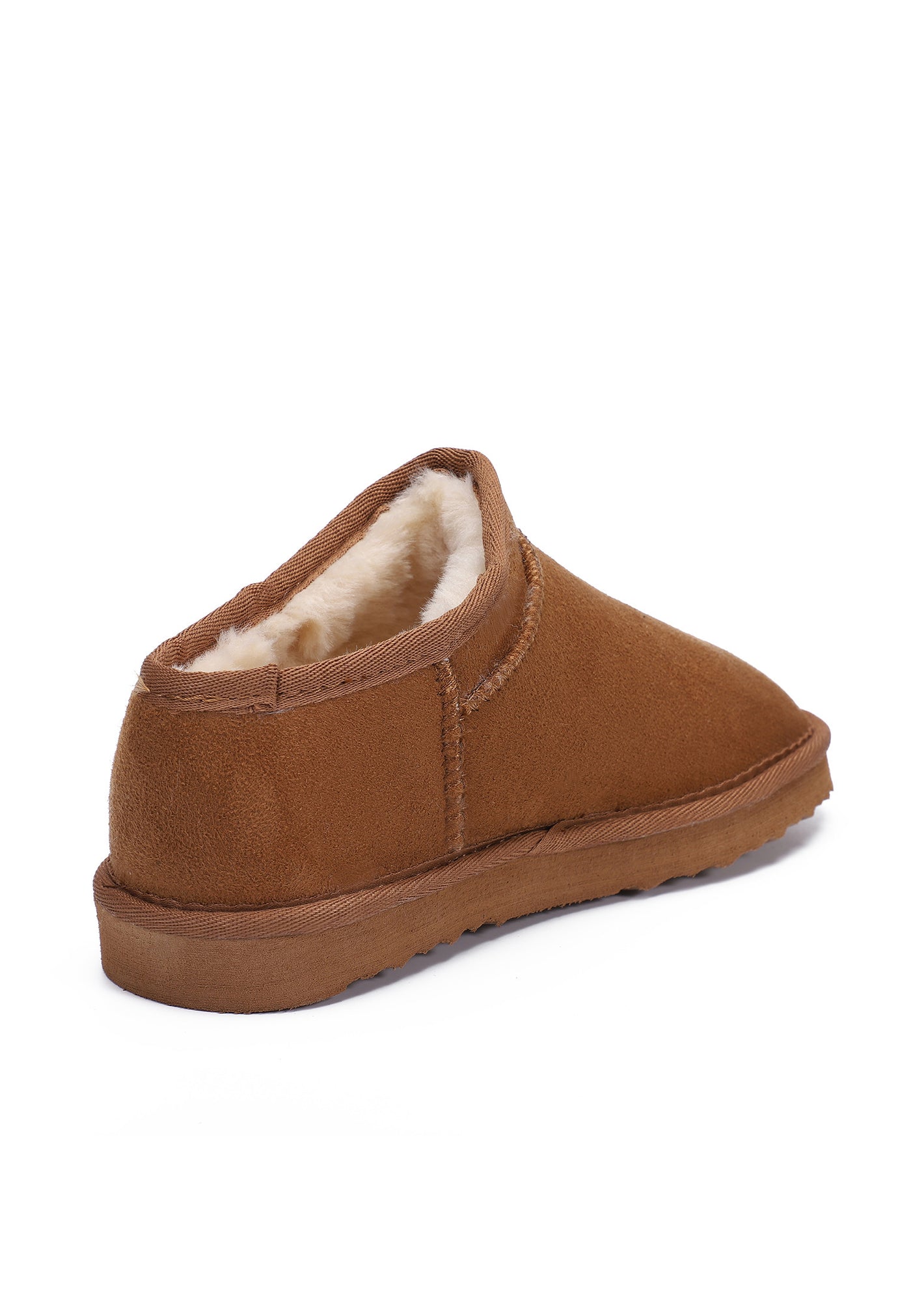 Sabot fourré Francis camel vu de trois-quarts arrière, doublure crème débordant du col