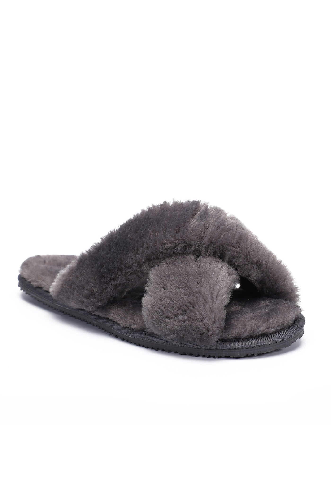 Chausson fourré Fanny gris foncé de trois-quarts avant, poil long et souple