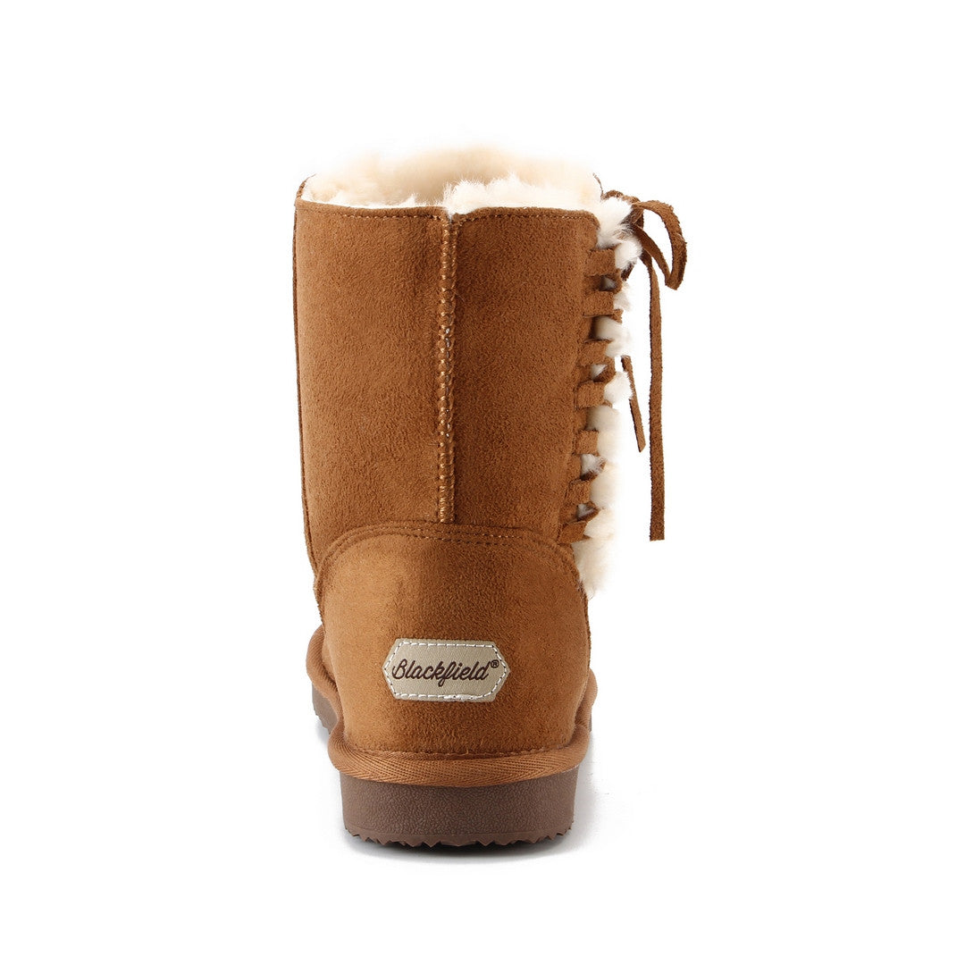 Bottine fourrée Nueltin camel de dos, étiquette Blackfield blanche cousue au talon