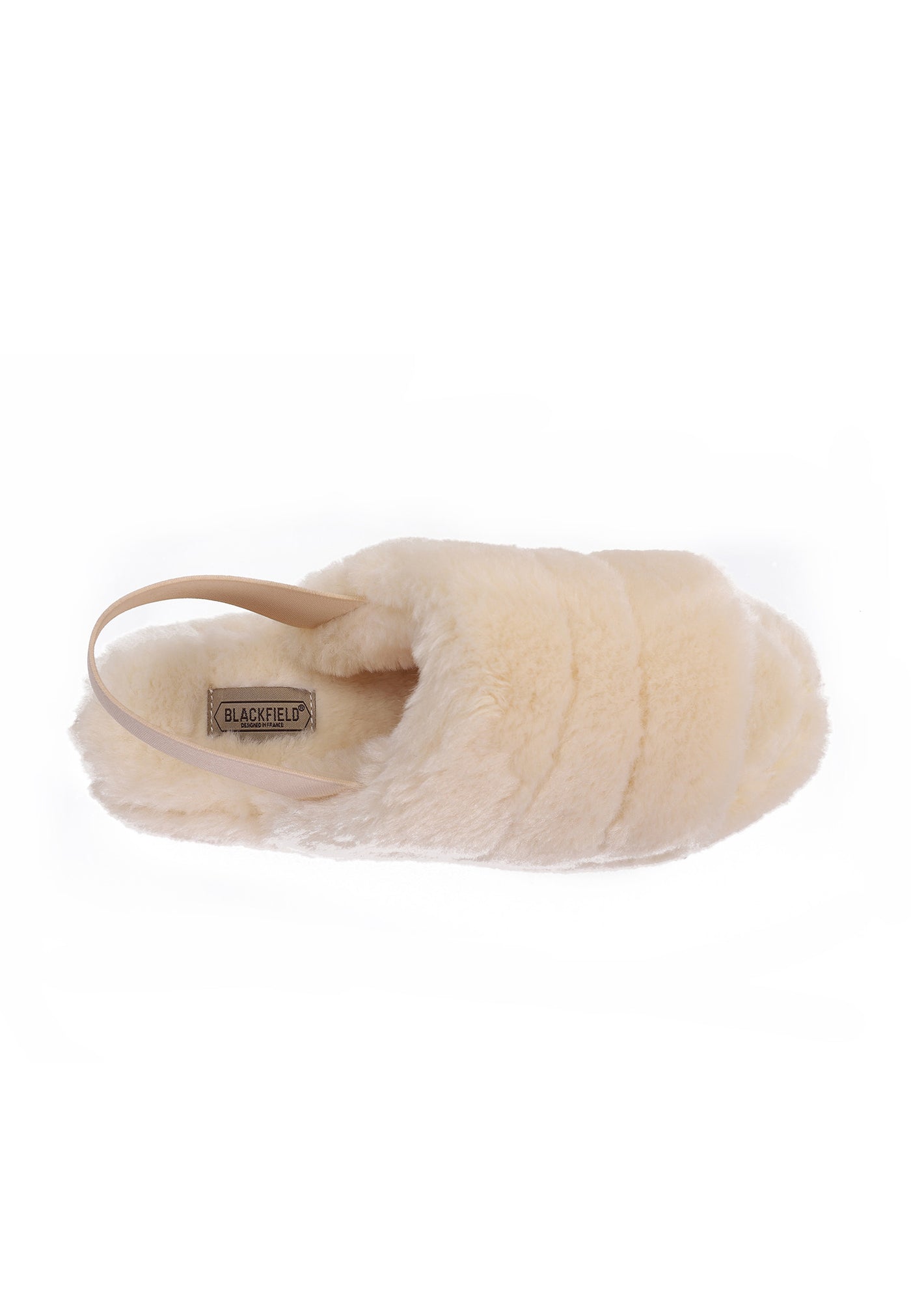 Chausson fourré Polly naturel de dessus, étiquette Blackfield sur l'élastique beige