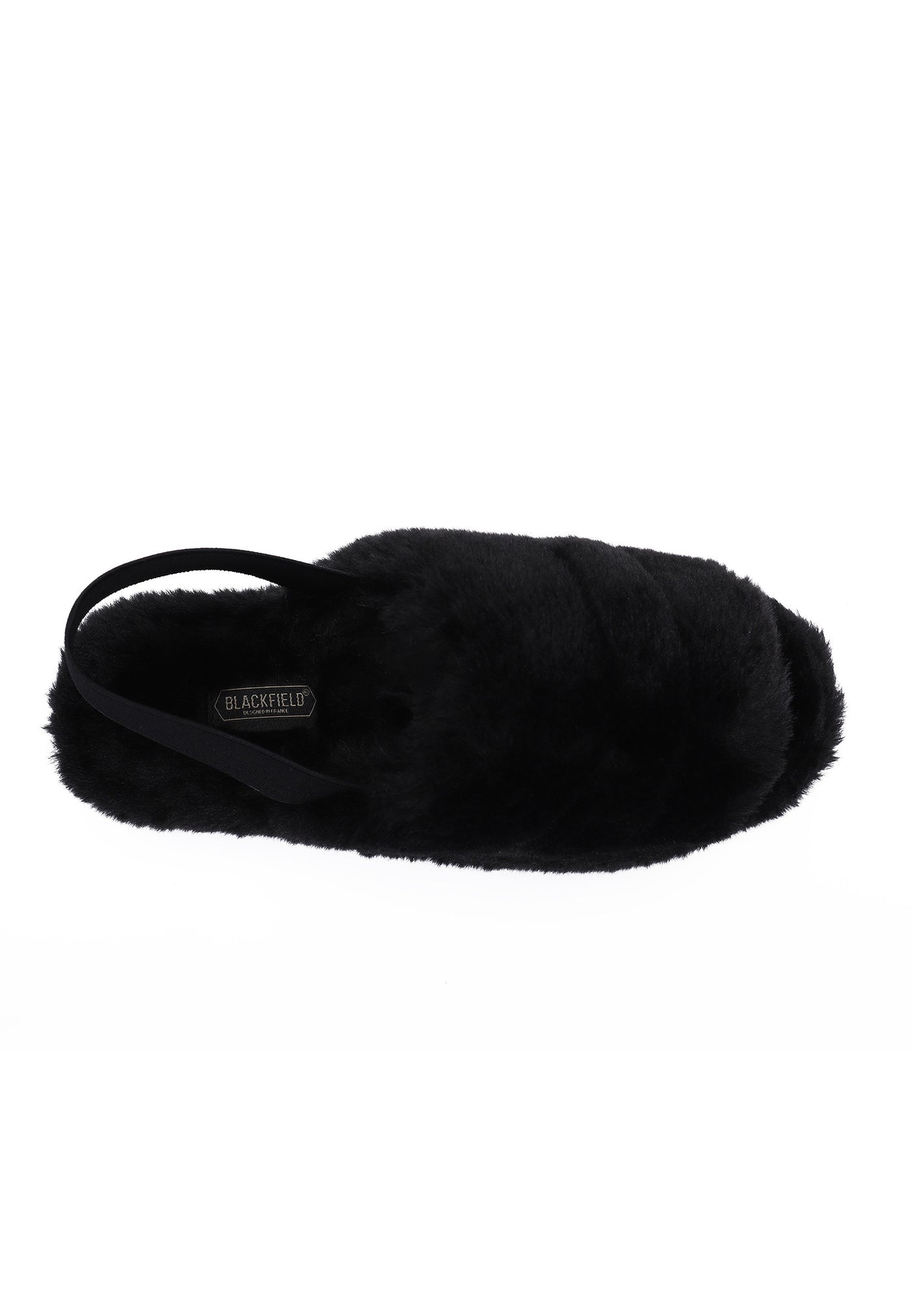 Chausson fourré Polly noir de dessus, étiquette Blackfield claire sur la bride