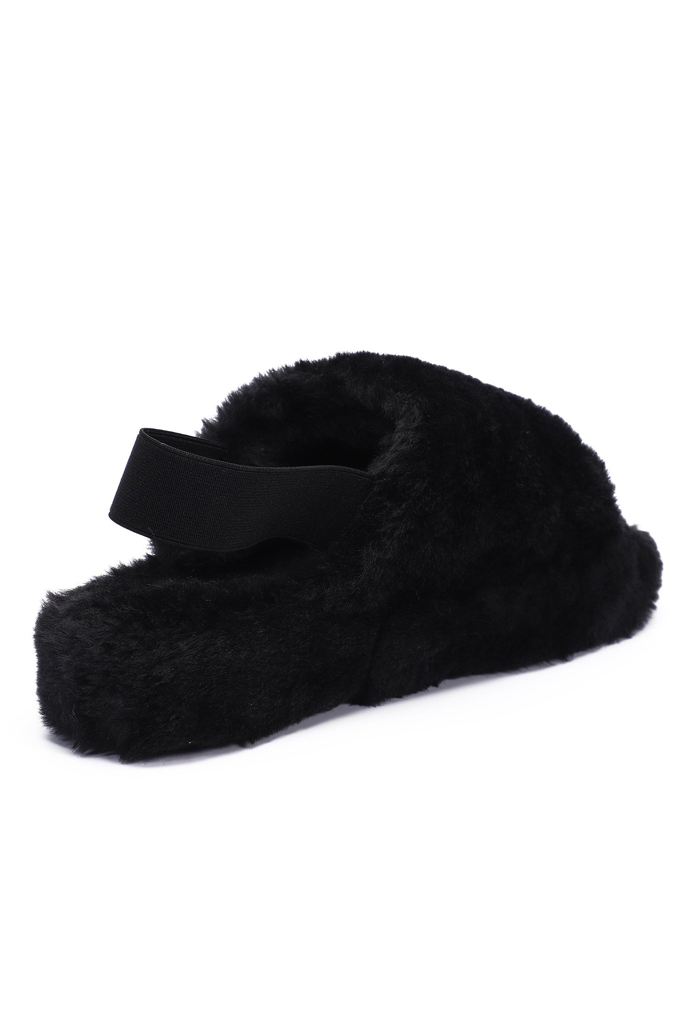 Chausson fourré Polly noir de trois-quarts arrière, élastique noir derrière le talon