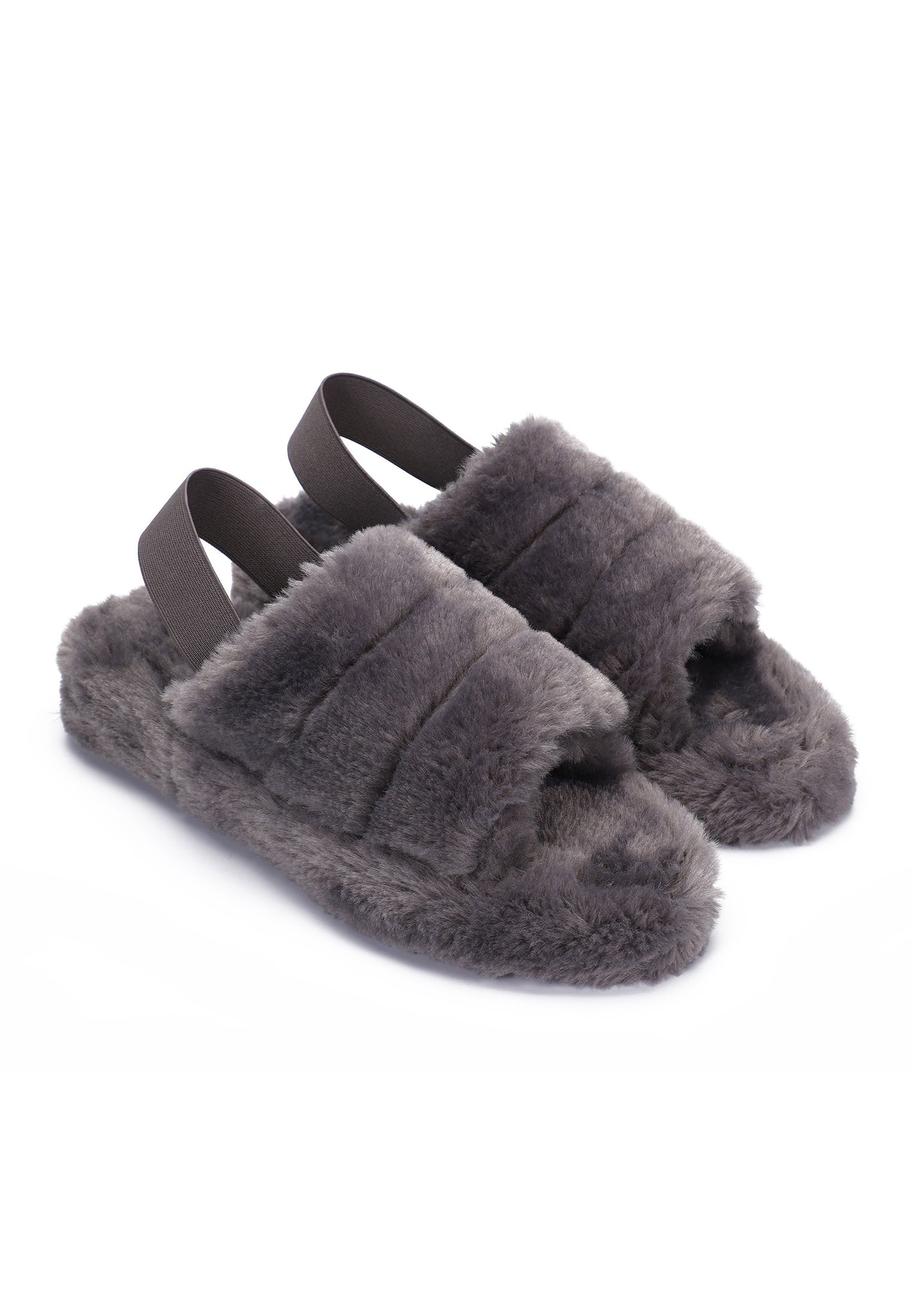 Paire de chaussons fourrés Polly gris foncé de trois-quarts, brides élastiques taupe
