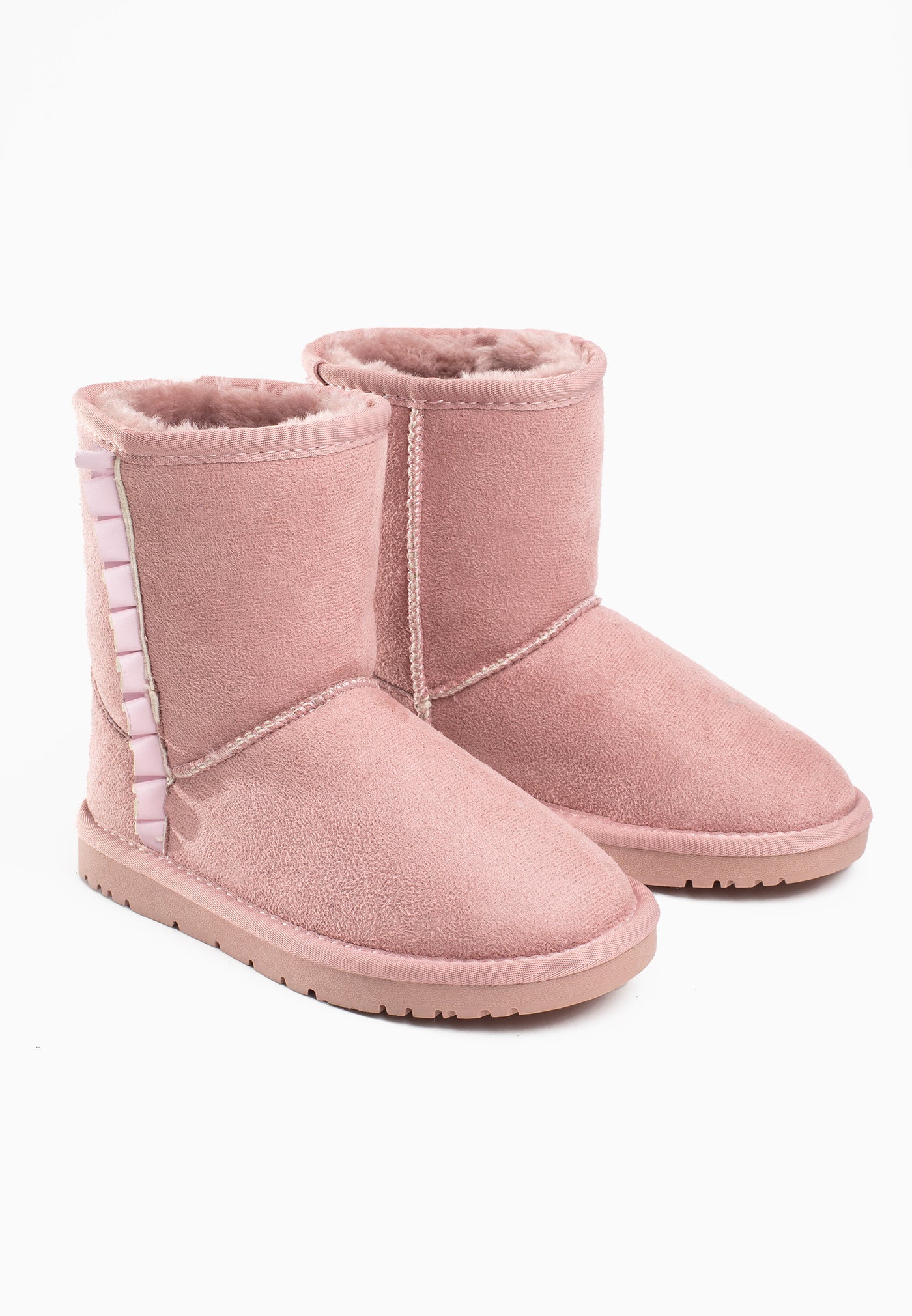 Bottines fourrées Rudia rose vues de trois-quarts, ruban plissé le long de la couture
