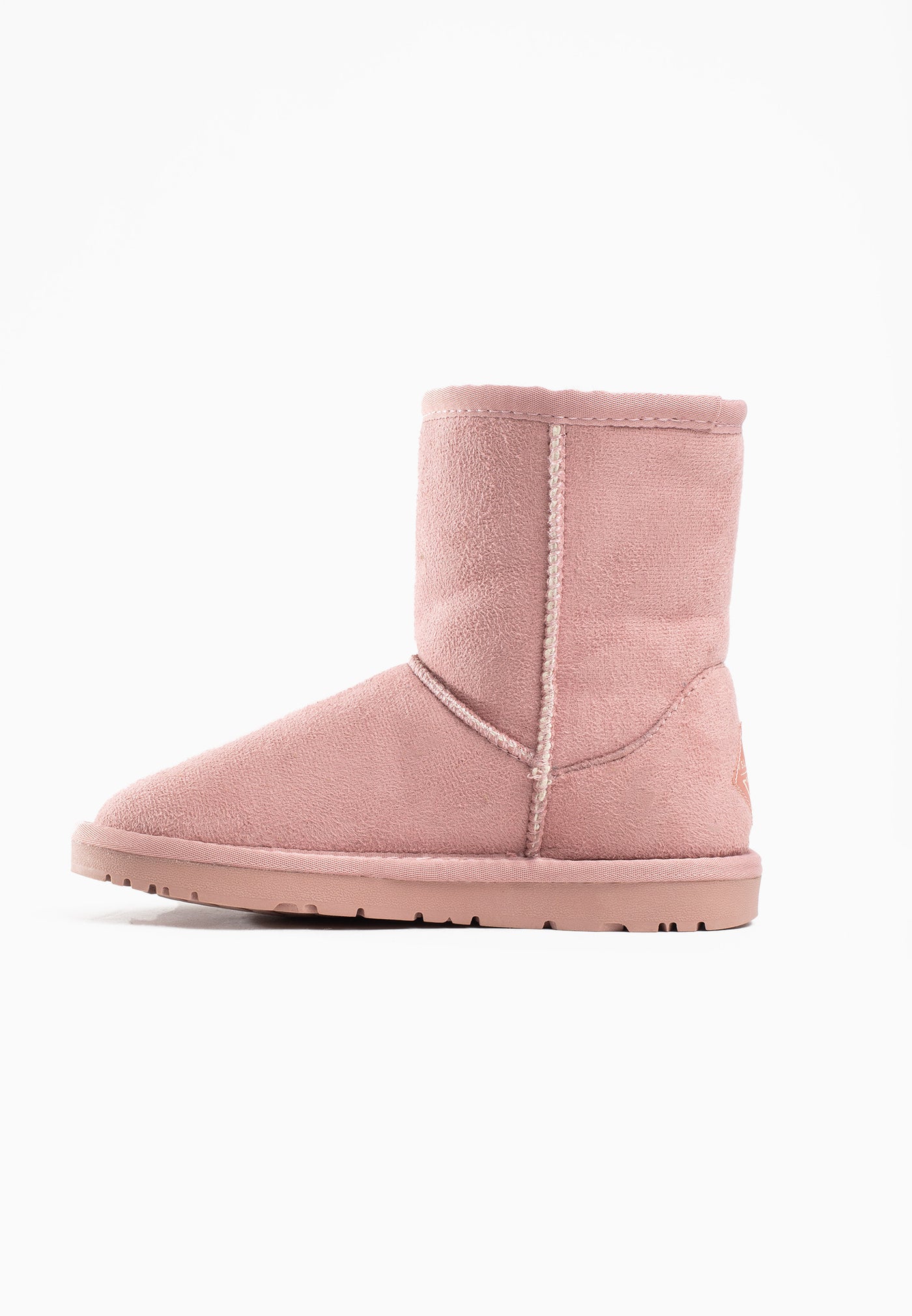 Bottine fourrée Rudia rose vue de l'autre côté, tige unie en microfibre rose poudré