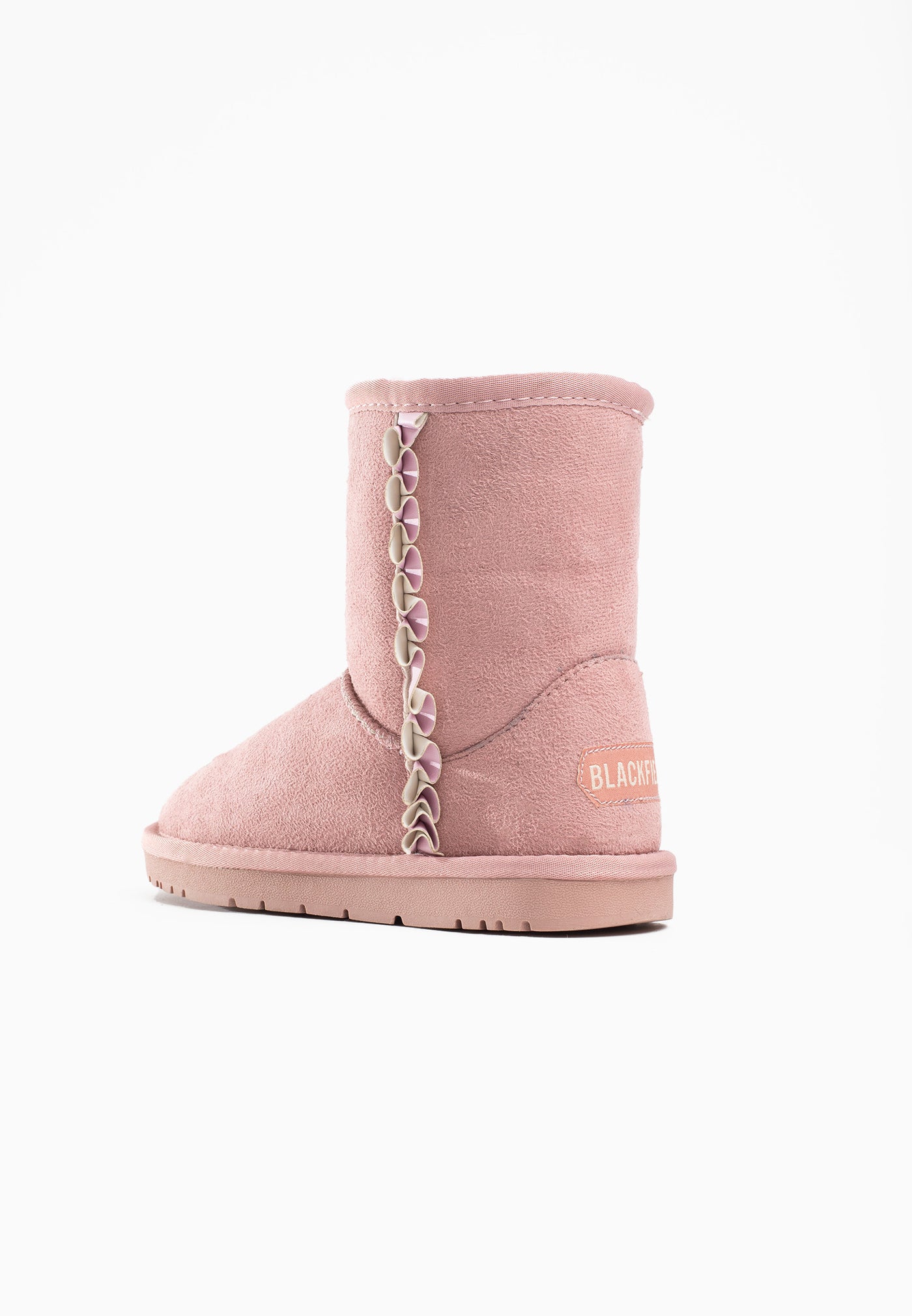 Bottine fourrée Rudia rose vue de dos, étiquette ovale Blackfield posée au talon