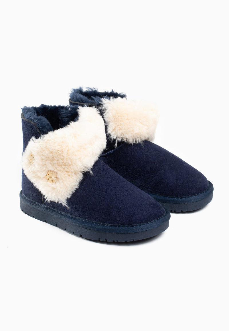 Paire de bottines fourrées Jensen marine, larges rabats de fausse fourrure crème