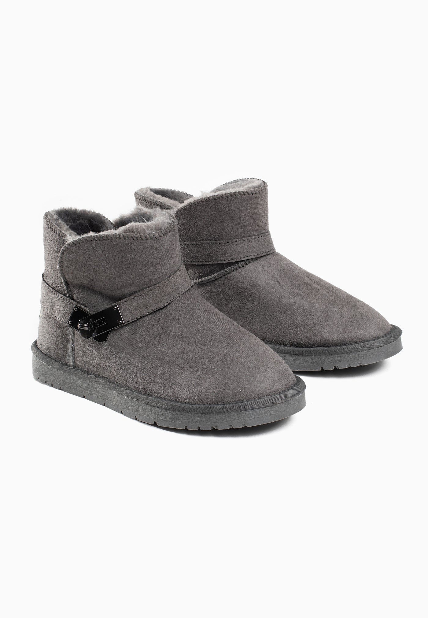 Paire de bottines fourrées Jacky gris foncé de trois-quarts, brides bouclées en noir
