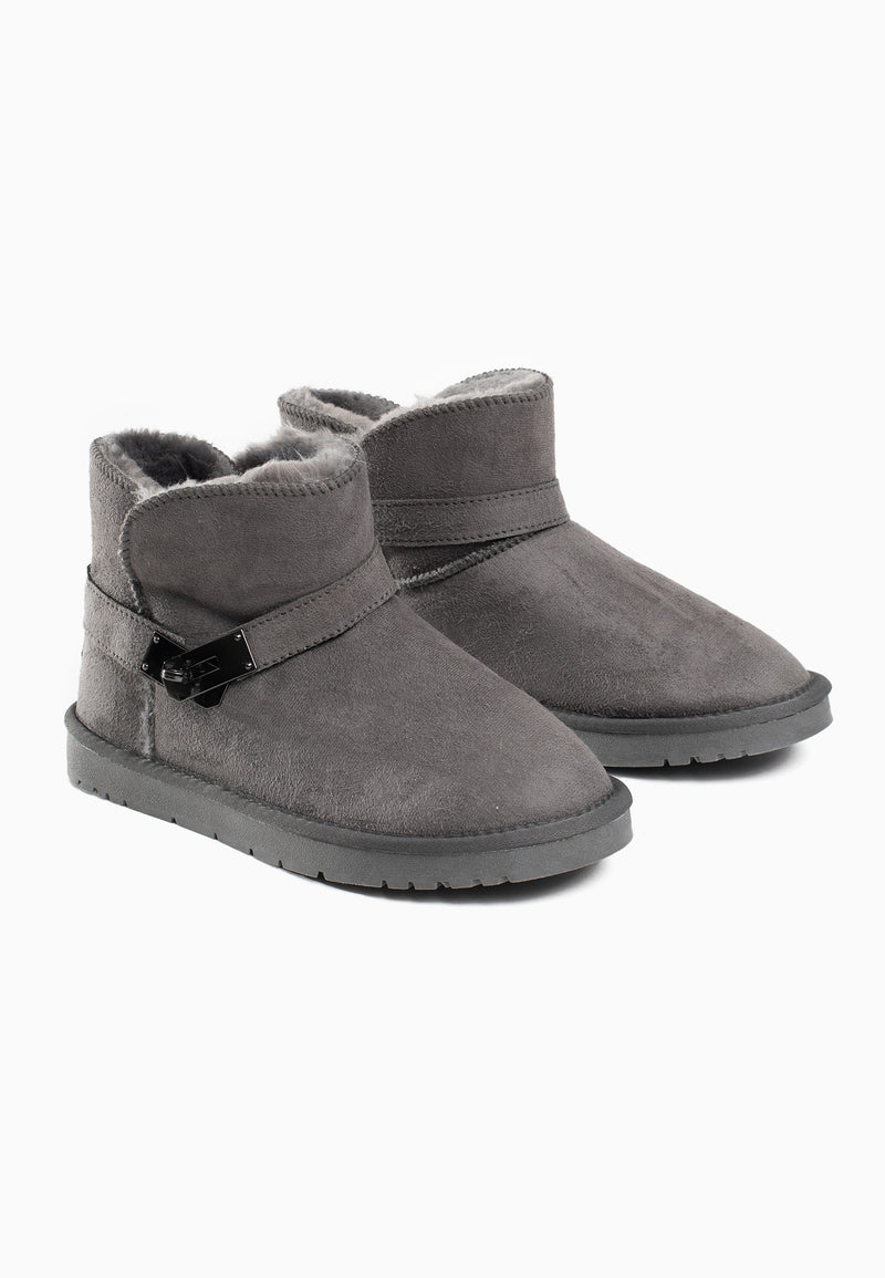 Paire de bottines fourrées Jacky gris foncé de trois-quarts, brides bouclées en noir