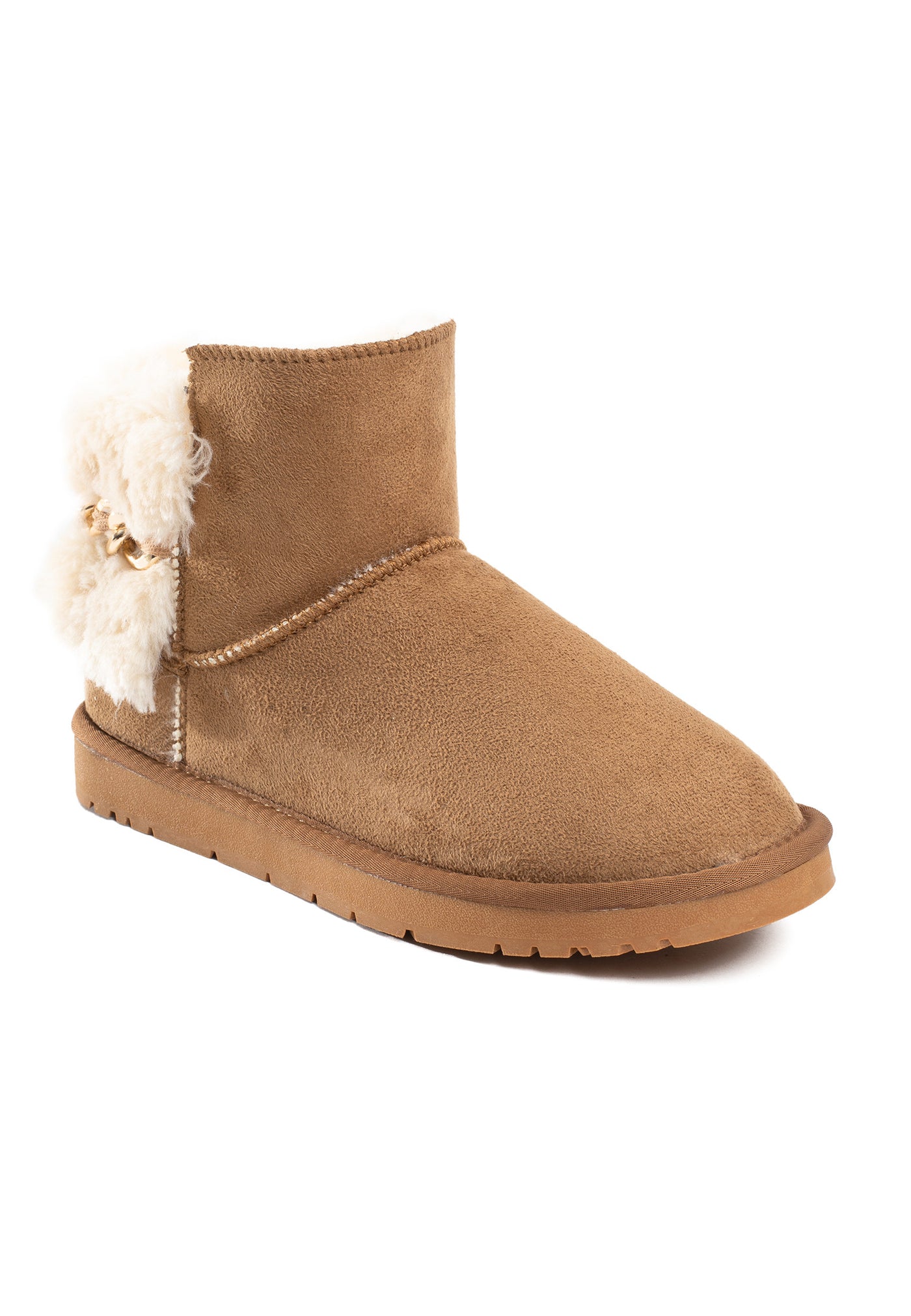 Bottine fourrée Calix camel de trois-quarts, surpiqûre dorée le long de la couture