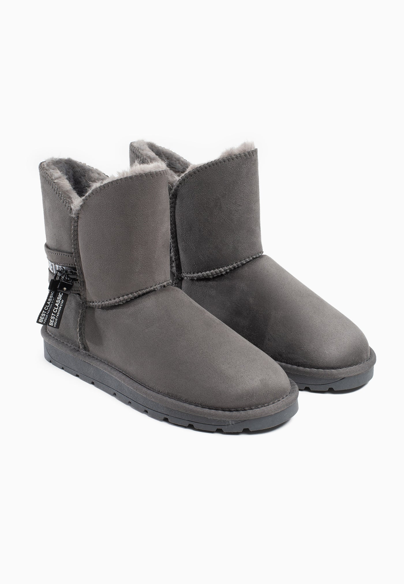 Bottines fourrées Zeek gris foncé de trois-quarts, rubans imprimés en blanc