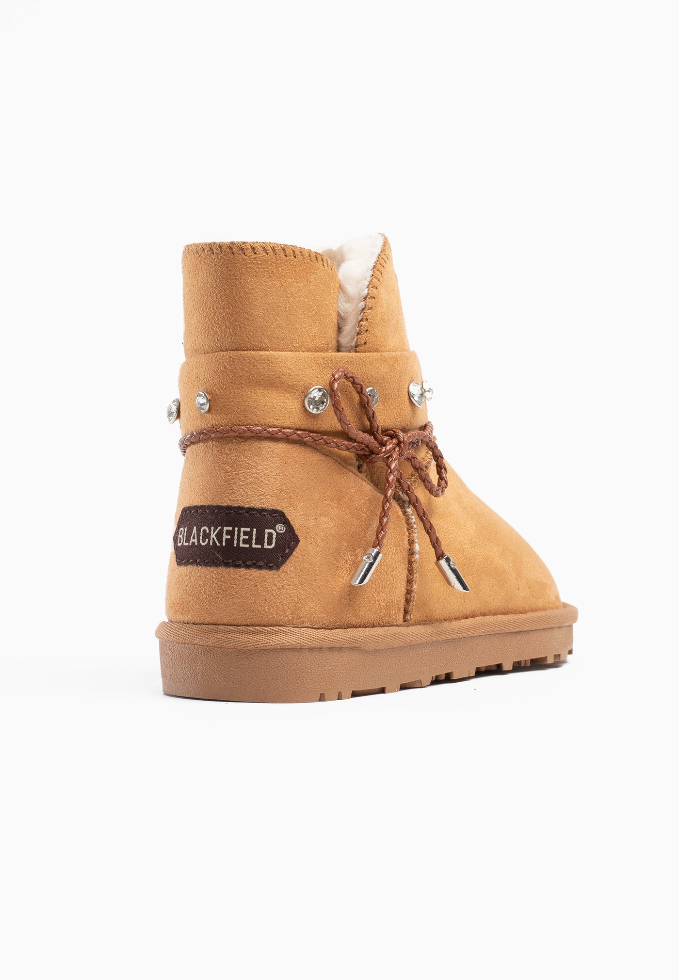 Bottine fourrée Sutton camel vue de dos, cordon noué et étiquette Blackfield au talon