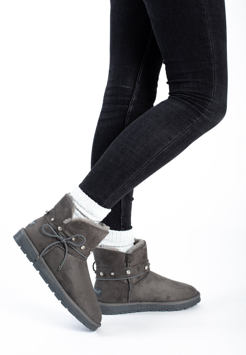 Bottines fourrées Stila gris foncé portées en marche avec un jean sombre