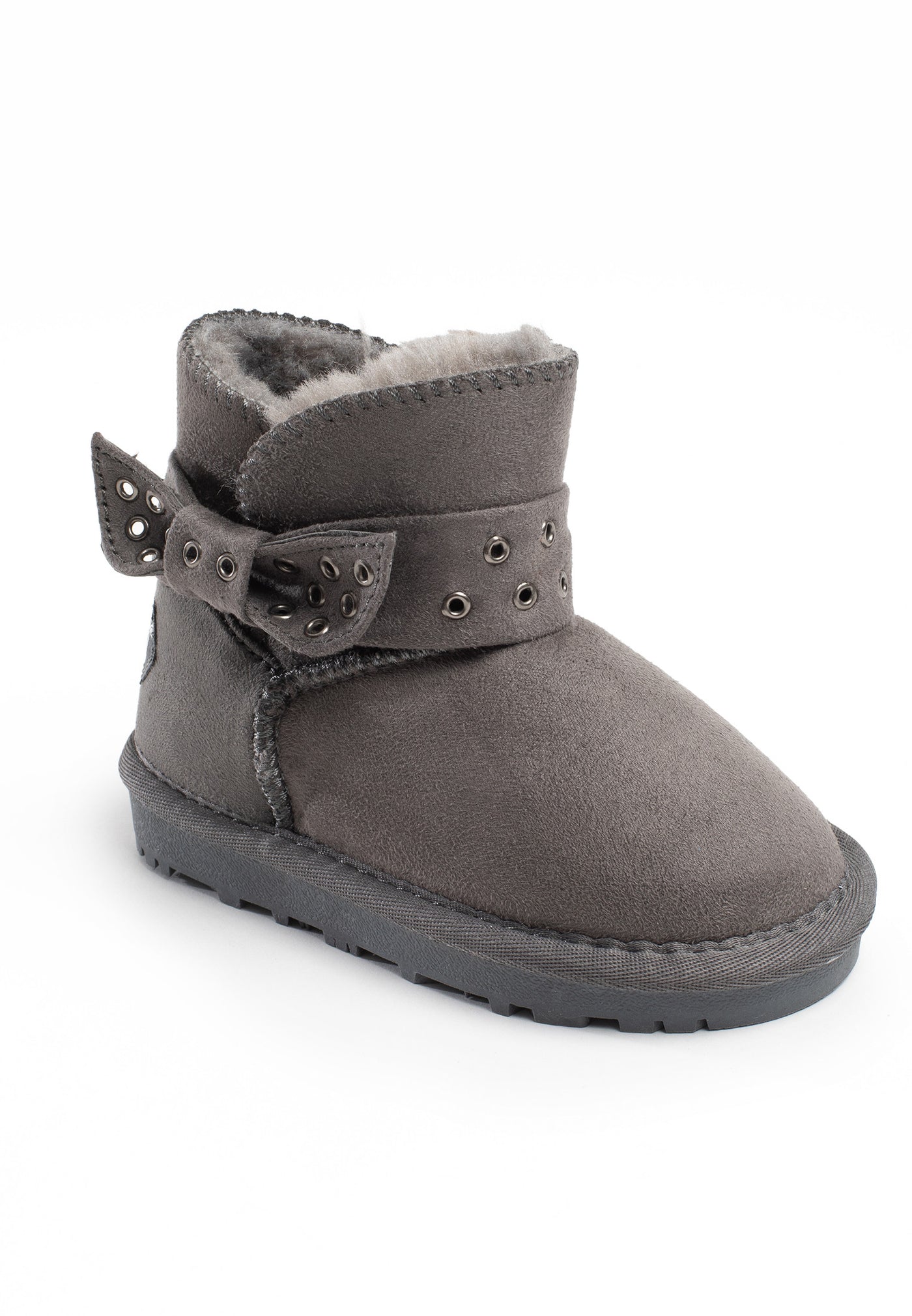 Botte fourrée enfant Picoli gris foncé de profil, col de fausse fourrure crème replié