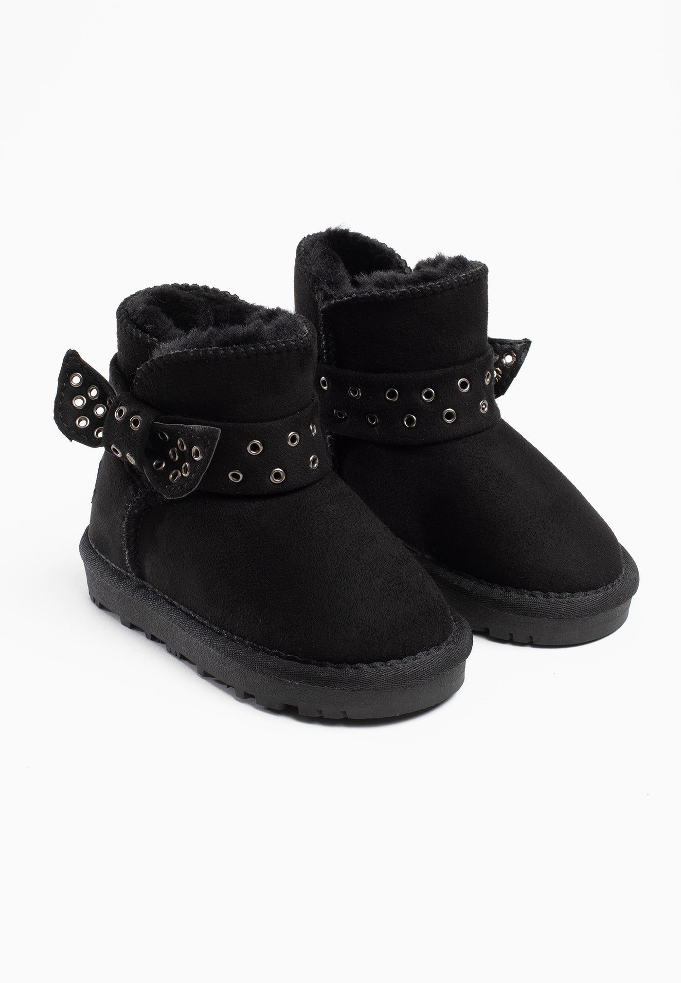 Paire de bottes fourrées Picoli noires de trois-quarts face, brides à œillets argentés
