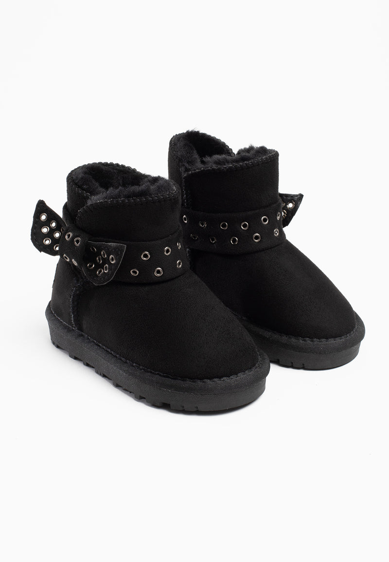 Paire de bottes fourrées Picoli noires de trois-quarts face, brides à œillets argentés