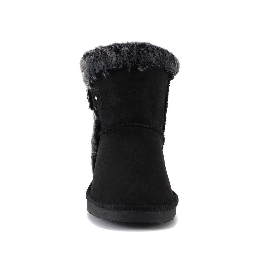 Bottine fourrée Anthabasca noire de face, col anthracite débordant sur la tige mate