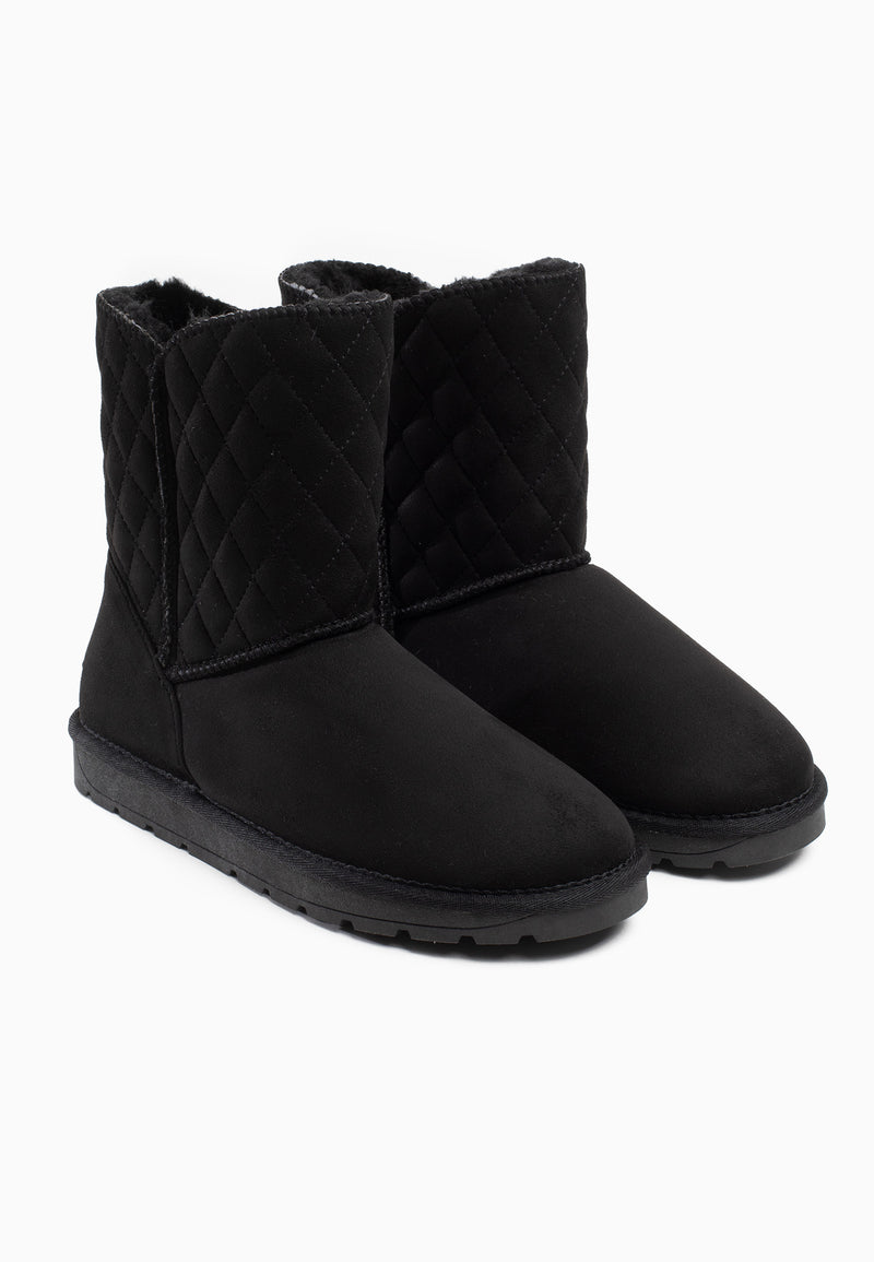Deux bottines fourrées Maelis noires de trois-quarts, tiges piquées en losanges