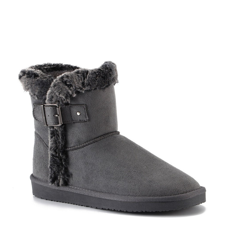 Bottine fourrée Anthabasca gris foncé de profil, boucle carrée ton sur ton sur la bride