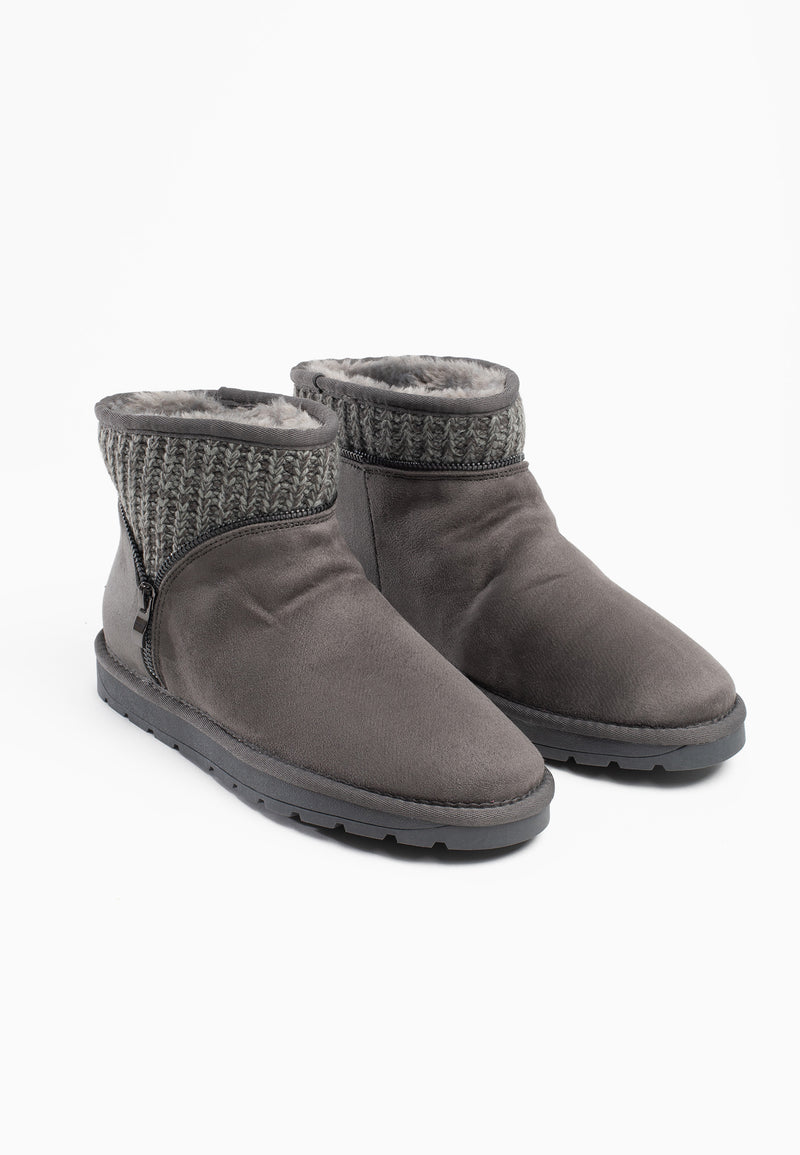 Paire de bottines fourrées Lyana gris foncé de trois-quarts, cols en maille côtelée