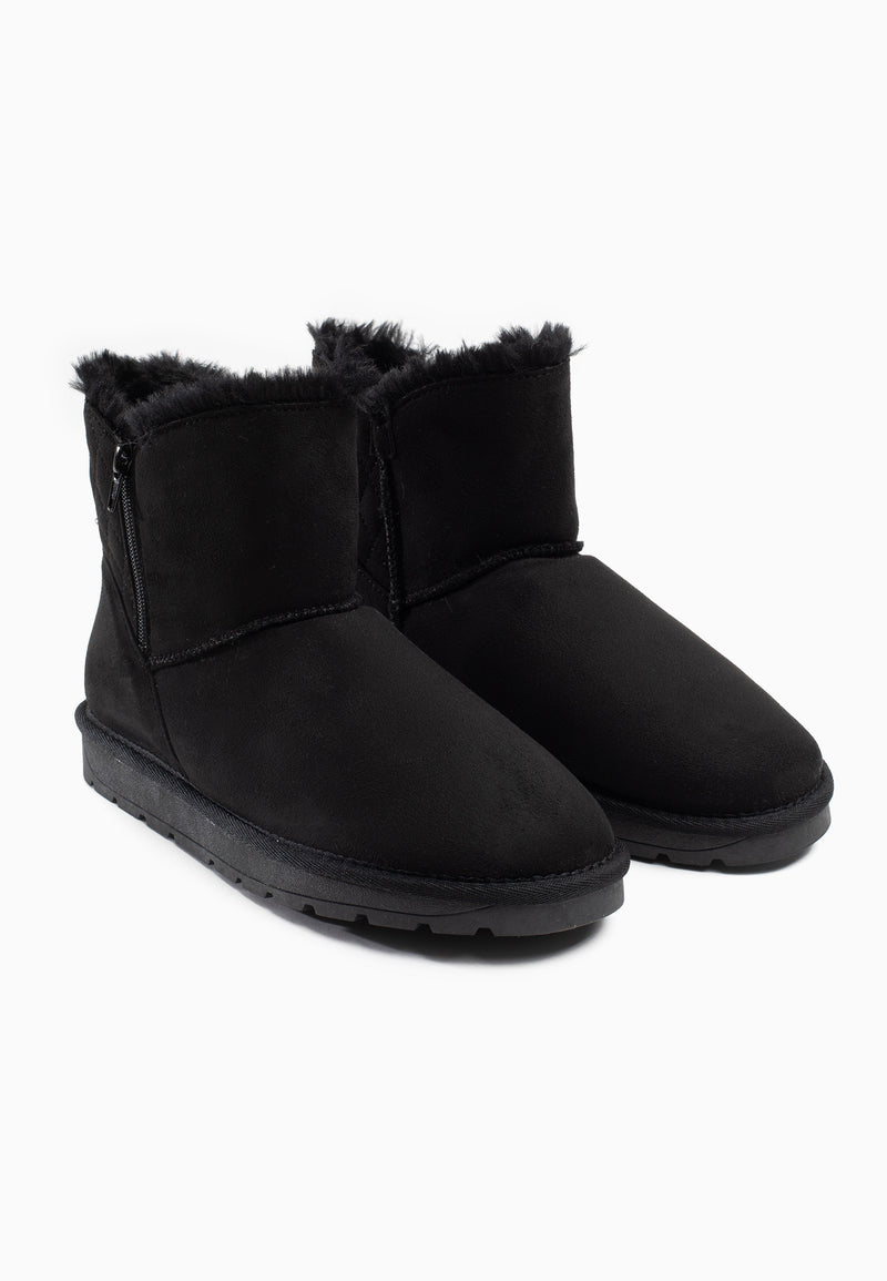 Paire de bottines fourrées Lena noires de trois-quarts, cols de fausse fourrure noire
