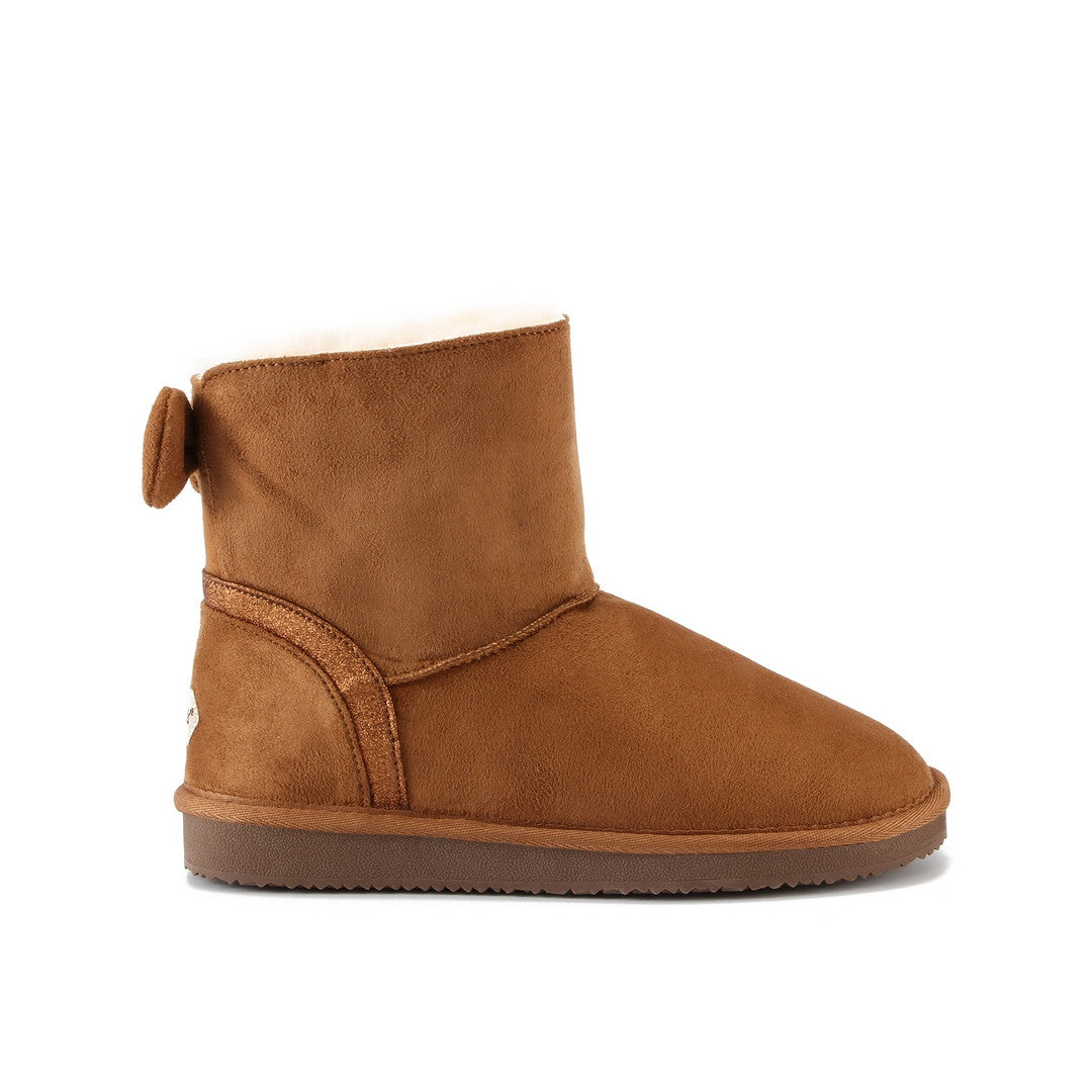 Bottine fourrée Champlain camel de profil côté opposé, nœud large au contrefort
