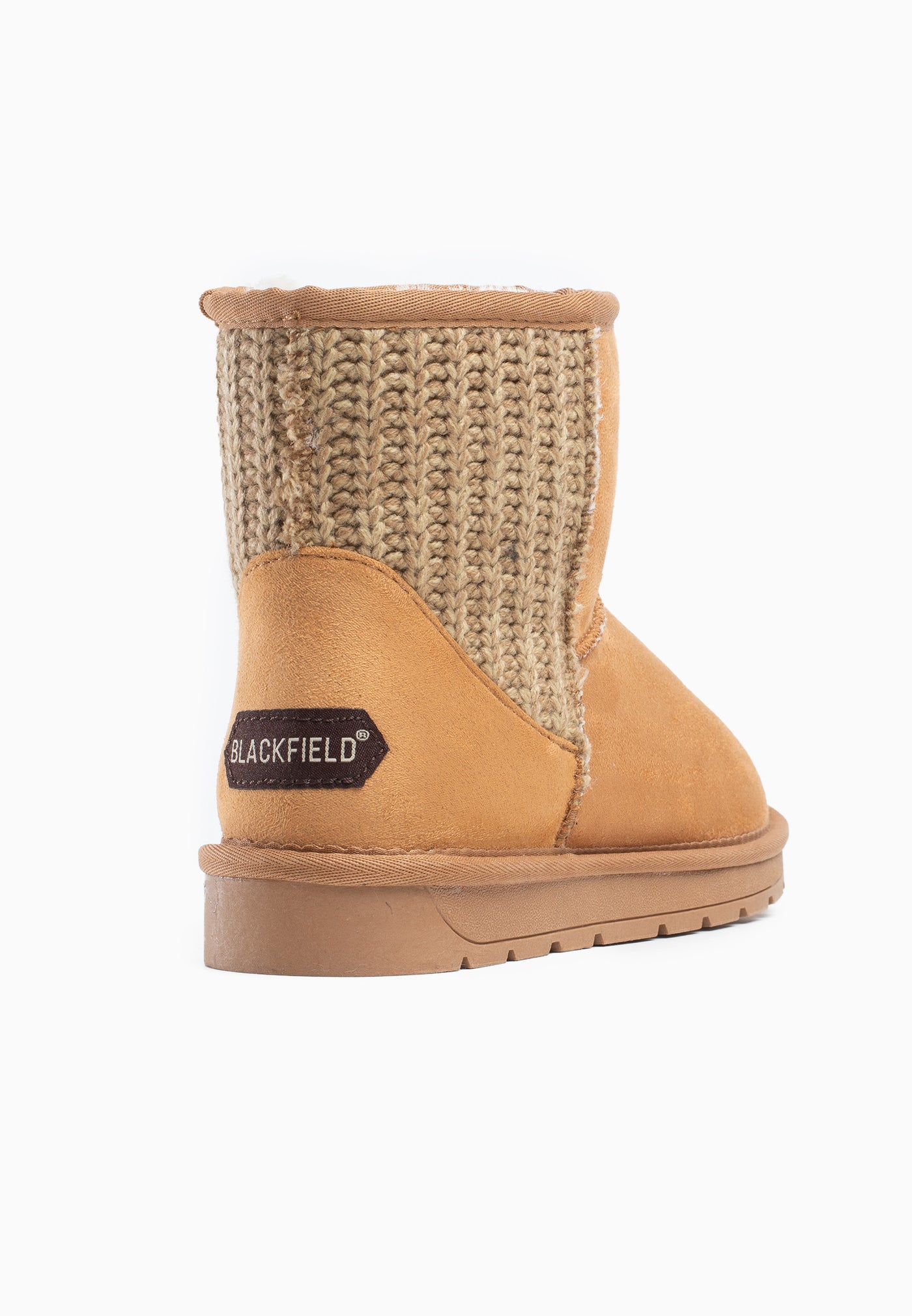 Bottine fourrée Davia camel vue de dos, maille côtelée et étiquette Blackfield