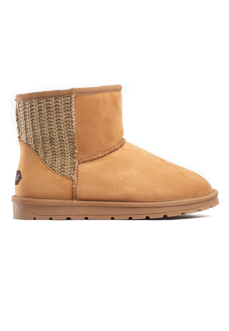 Bottine fourrée Davia camel de profil, empiècement tricoté beige sur le quartier