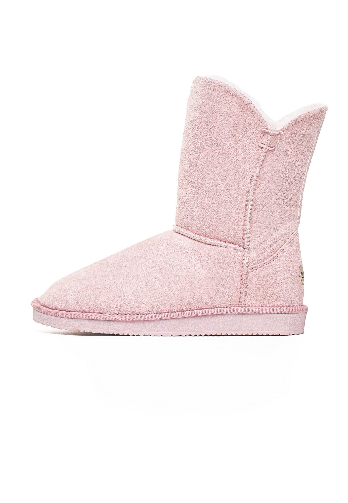 Bottine fourrée Ocean rose de profil, pastille ronde dorée basse sur le quartier