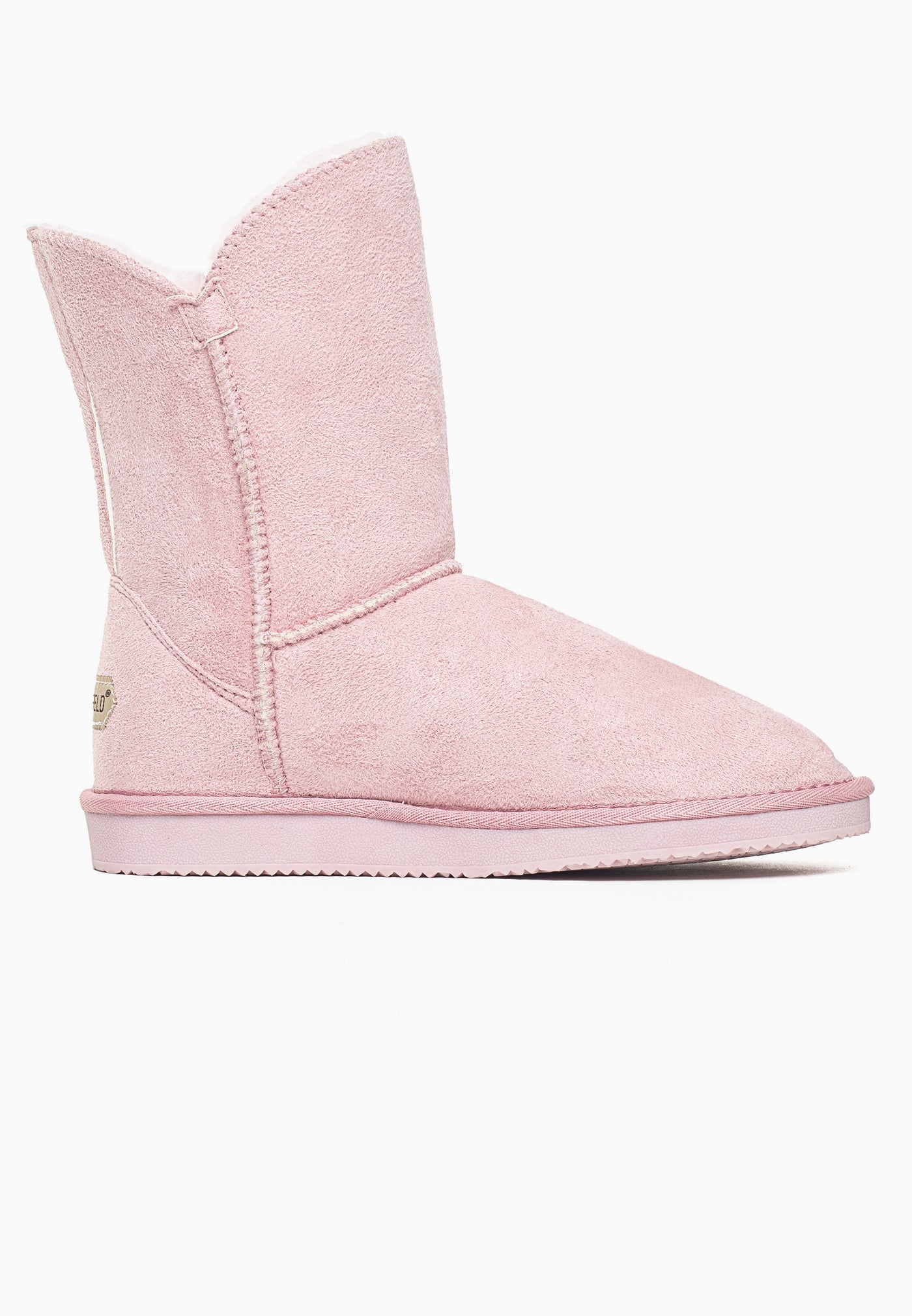 Bottine fourrée Ocean rose vue de l'autre côté, couture courbe et tige lisse