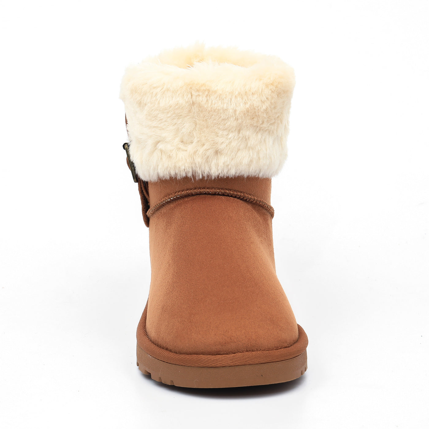 Bottine fourrée Afton camel de trois-quarts, boucle métallique traversant le revers