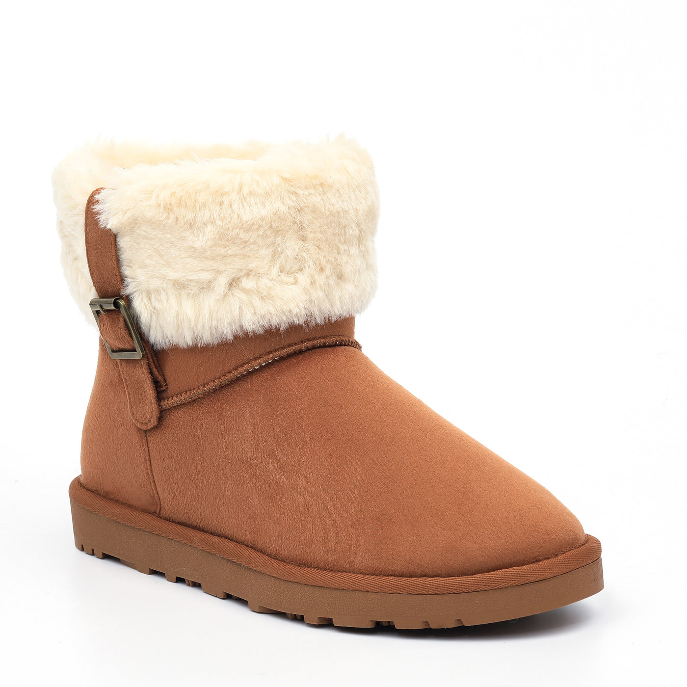 Bottine fourrée Afton camel de profil, revers de fausse fourrure crème et bride