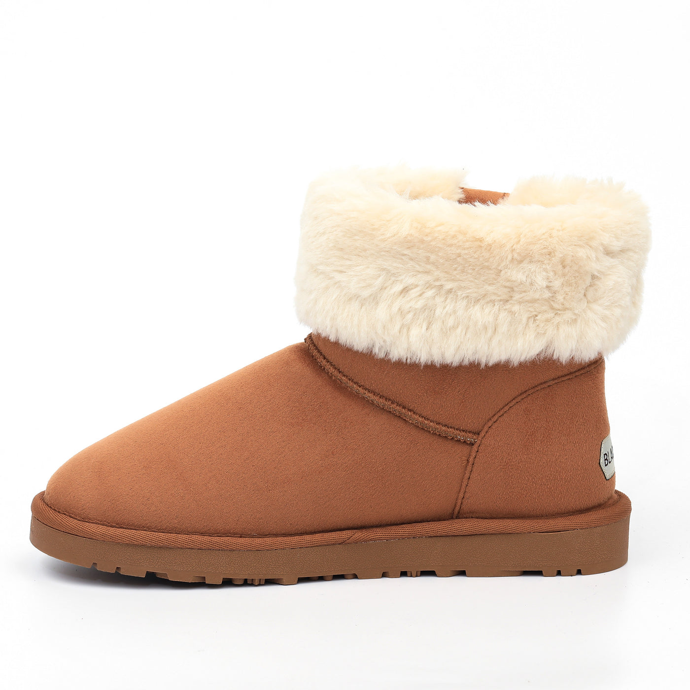 Bottine fourrée Afton camel vue de l'autre côté, petit logo rond posé sur la tige