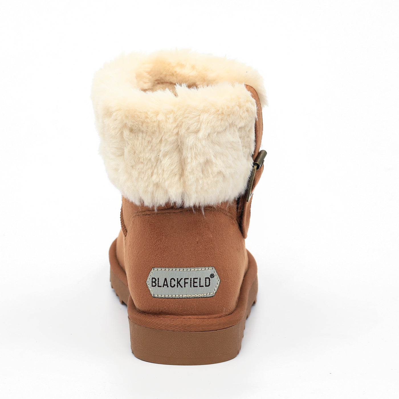 Bottine fourrée Afton camel vue de dos, étiquette Blackfield sous le revers crème