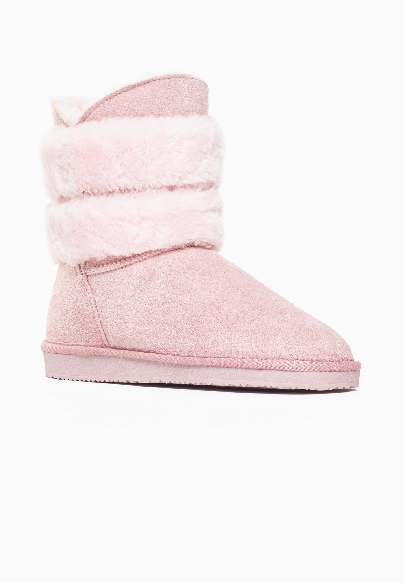 Bottine fourrée Erie rose de trois-quarts, tige haute et bas lisse en microfibre