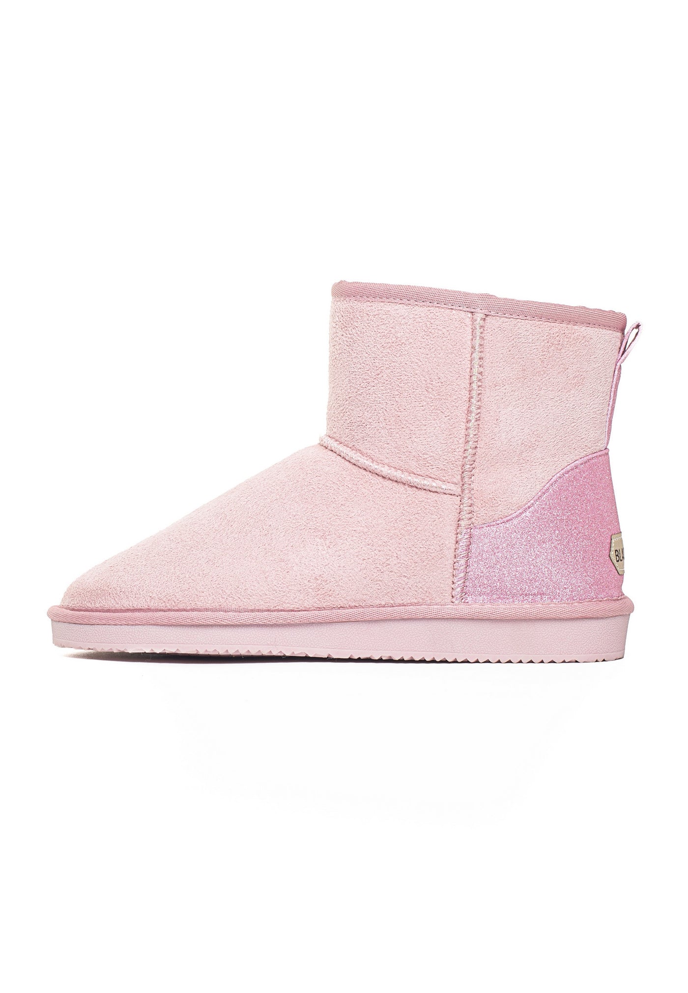 Bottine fourrée Casablanca rose de profil, couture courbe séparant le mat du pailleté